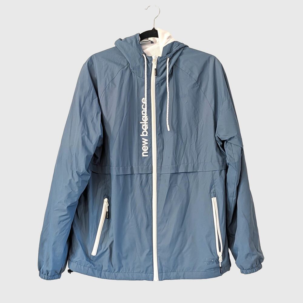 New Balance Men’s Hooded Windbreaker Jacket M Blue White Lightweight